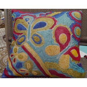 Pier 1 Colorful Embroidered Butterfly Throw Pillow 16 x 16 Zip Cover Teal Spring